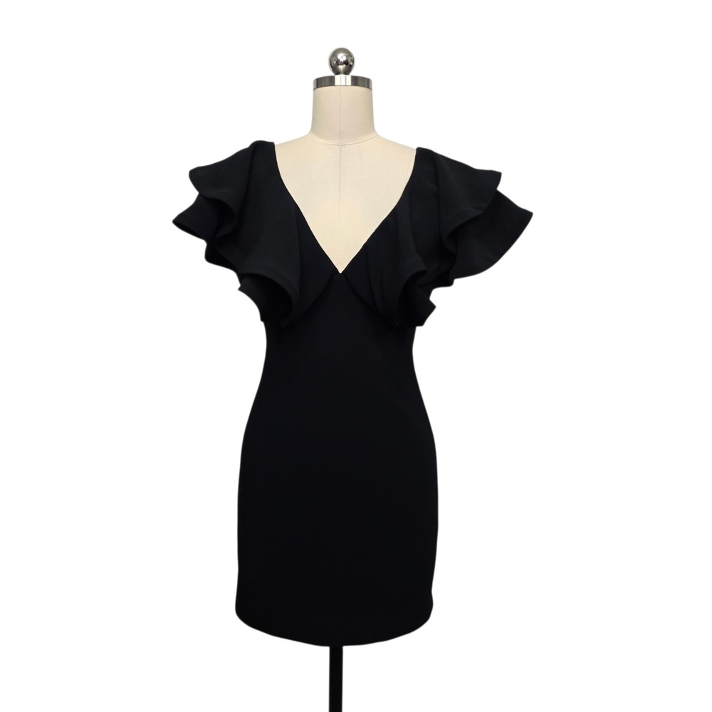 Cinq a Sept Black Ruffle‎ Sleeve V-Neck Silk Bow Back Mini Dress Size 2